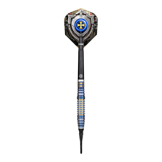 Das Bild zeigt einen Shot Future Knights Darkstar Softdart mit einem Gewicht von 20g. Der Dart hat ein auffälliges Design mit blauen und silbernen Akzenten sowie einer detailreichen Flight-Grafik.
