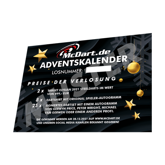 Auf dem Bild ist ein Teil des McDart Darts Adventskalenders 2021 - Standard Edition zu sehen. Es werden Preise und Informationen zur Verlosung angezeigt, wie Steeldarts, Dartshirts und signierte Dartsets.