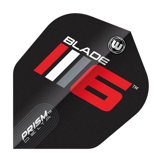Das Bild zeigt ein Dartflight mit dem Aufdruck "Blade 6" in auffälligen Farben. Unten links steht "Prism Delta" und das Design ist modern und sportlich.