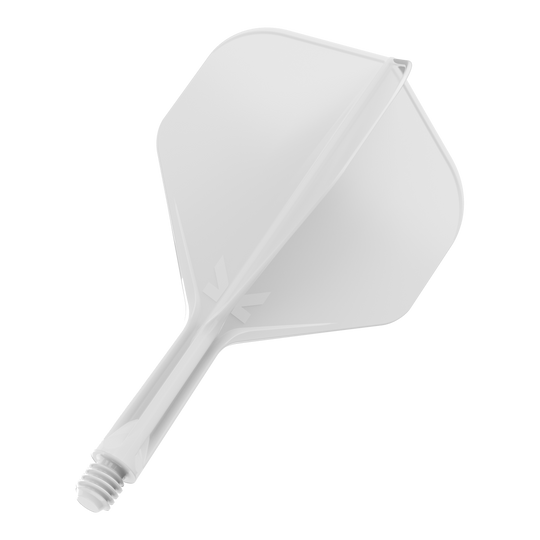 Standardní letový systém Target K-Flex No2 - bílý Das Bild zeigt einen weißen Dartflight mit Schaft. Das Design ist schlicht und modern gehalten.