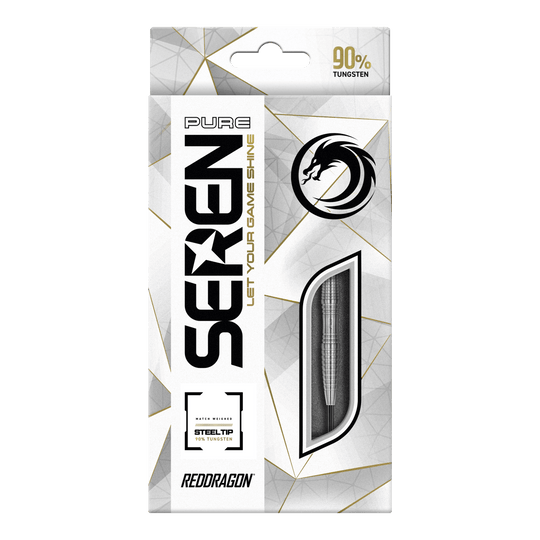 Die Abbildung zeigt die Verpackung der "Red Dragon Seren 3 Pure Steeldarts". Auf der Verpackung steht, dass die Darts aus 90% Tungsten bestehen.