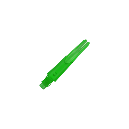 L-L-Style-Shafts Locked Straight - Green Das Bild zeigt einen geraden, grünen Dart-Schaft ohne Kappen. Der Schaft ist durchsichtig und hat ein Schraubgewinde am unteren Ende.