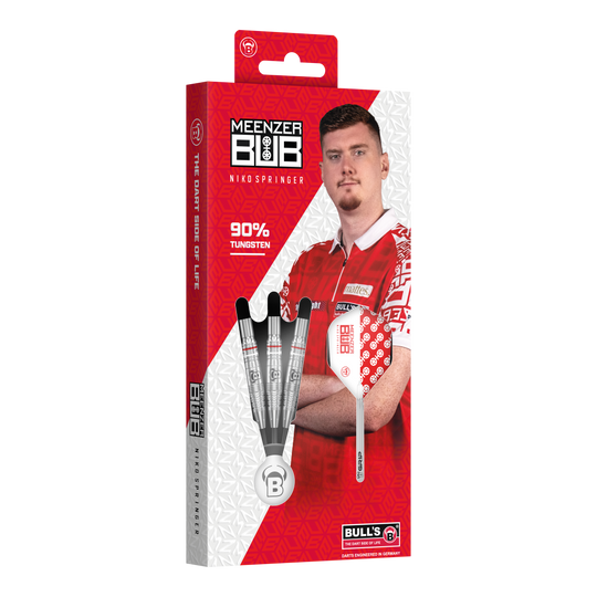 Ocelové šipky Bulls Niko Springer Die Verpackung zeigt die Bulls Niko Springer Steeldarts mit 90% Tungsten. Auf der Vorderseite ist ein Bild von Niko Springer in rotem Trikot zu sehen.