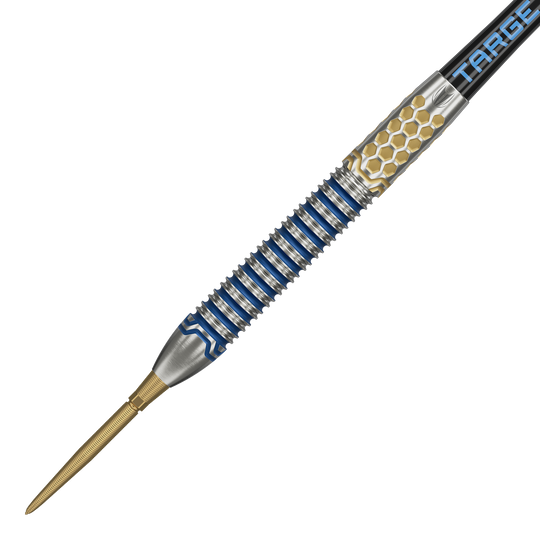 Das Bild zeigt einen Target Josh Rock GEN1 Swiss Point Steeldart. Der Dartpfeil hat ein silbernes und blaues Design mit goldenen Akzenten und auffälliger Griffstruktur.