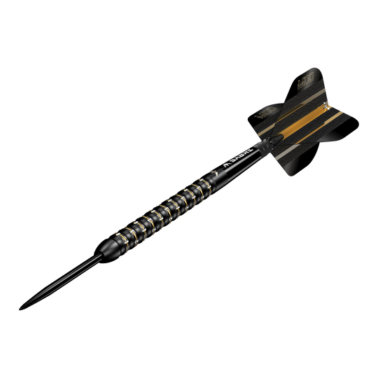 Šipky Mike De Decker MDD Black Gold Steeldarts Dies ist ein Steeldartpfeil des Modells "Mission Mike De Decker MDD Black Gold". Der Pfeil ist schwarz mit goldenen Akzenten und hat eine strukturierte Griffzone.