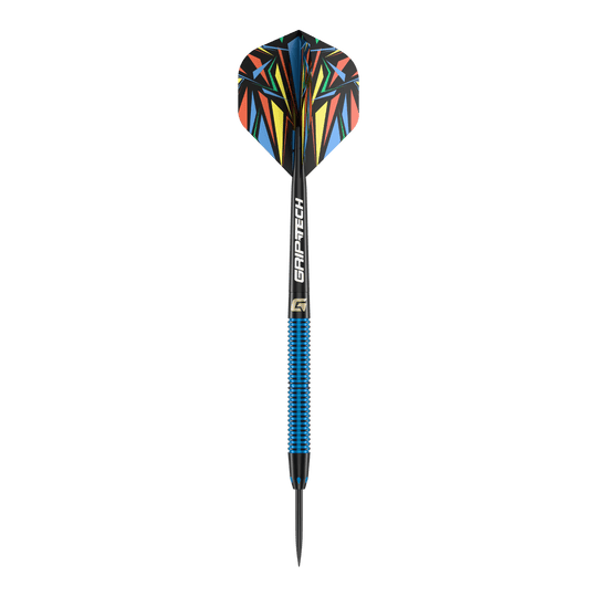 Steeldarts GOAT Athlete modré mosazné - 12g Das Bild zeigt einen Steeldart mit blauem Griff und der Aufschrift "GRIP-TECH". Die Flights haben ein buntes, geometrisches Muster.