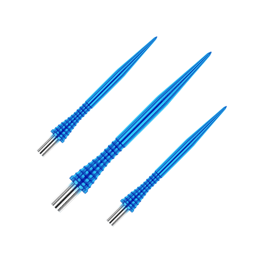 Red Dragon Raptor Gripped Modré ocelové hroty na šipky 30 mm Das Bild zeigt drei blaue Steeldartspitzen des Produkts "Red Dragon Raptor Gripped" mit einer Länge von 30 mm. Die Spitzen haben ein geriffeltes Griffdesign und silberne Enden.