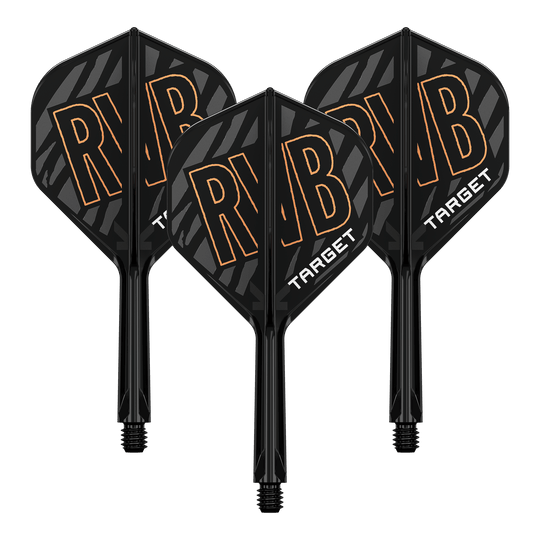 Targetový K-Flex Standardní letový hřídel Raymond Van Barneveld No2 Auf dem Bild sind drei schwarze Dart-Flights mit der Aufschrift "RVB" und "TARGET" zu sehen. Die Flights haben ein schwarzes, gestreiftes Design mit orangefarbenen Buchstaben.