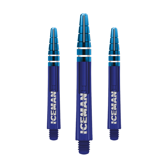 C812_Red_Dragon_Nitrotech_Gerwyn_Price_Blue_Shafts_48mm_1 Das Bild zeigt drei blaue Darts-Schäfte mit silbernen Akzenten. Auf jedem Schaft steht das Wort "ICEMAN" in weißen Buchstaben.