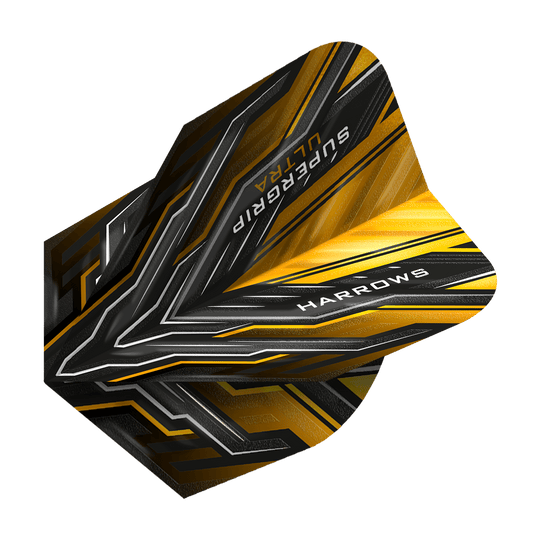 HR12_Harrows_Supergrip_Ultra_Sunset_Gold_Standard_Flights_2 Das Bild zeigt ein Harrows Supergrip Ultra Sunset Gold Standard Flight für Darts. Das Flight ist in Schwarz, Gold und Silber gestaltet und trägt die Aufschriften "SUPERGRIP ULTRA" und "HARROWS".