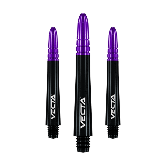 Das Bild zeigt drei Dartschäfte in Schwarz und Lila mit der Aufschrift "VECTA". Sie sind nebeneinander angeordnet und haben ein modernes, glänzendes Design.