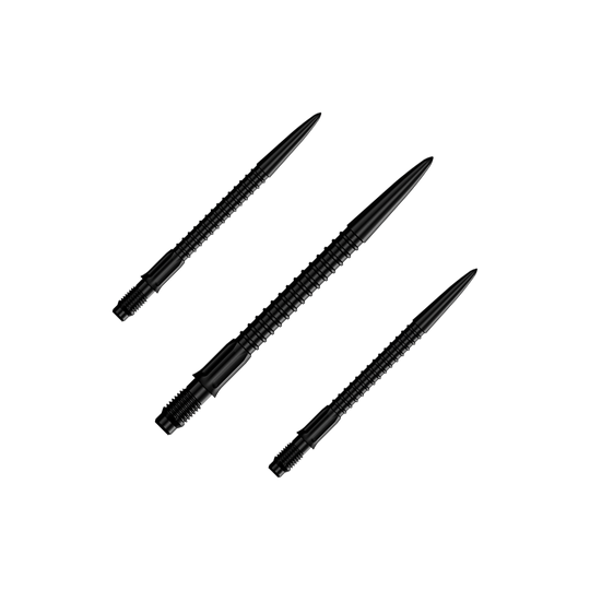 Špičky na šipky Mission R2.5 Rapid Point GV1 - černé Ein Set schwarzer Dartspitzen ist abgebildet. Die Spitzen sind für Darts und 30 mm lang.