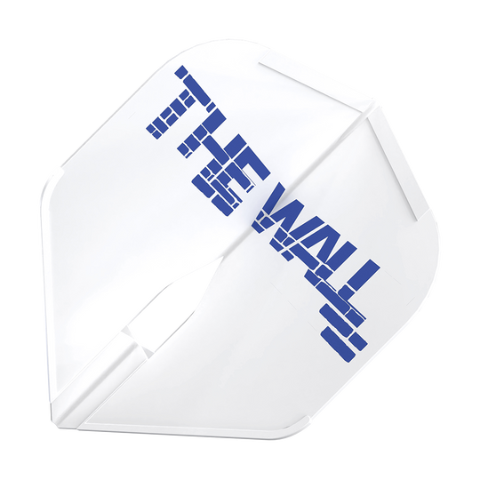 Letky Martin Schindler White L1PRO ve stylu L Das Bild zeigt ein weißes Dart-Flight mit der blauen Aufschrift "THE WALL". Das Produkt ist das L-Style Martin Schindler Weiß L1PRO Flight.