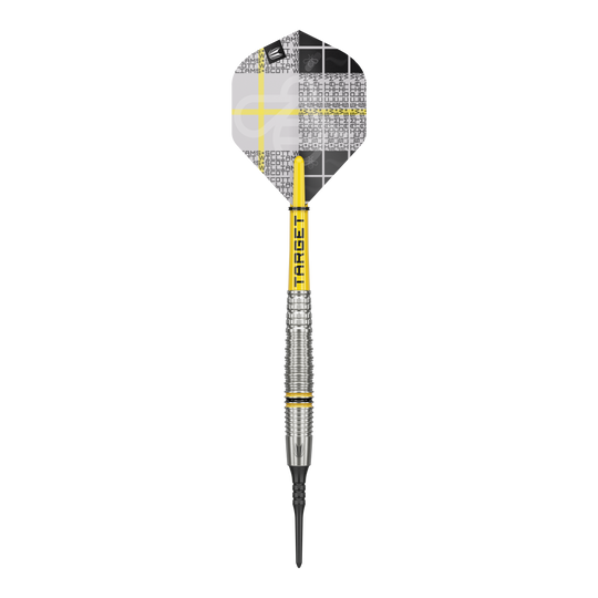 Měkké šipky Target Scott Williams GEN2 - 18g Das Bild zeigt einen Target Scott Williams GEN2 Softdart mit einem Gewicht von 18g. Der Dart hat gelbe Akzente und ein modernes, silberfarbenes Barrel-Design.
