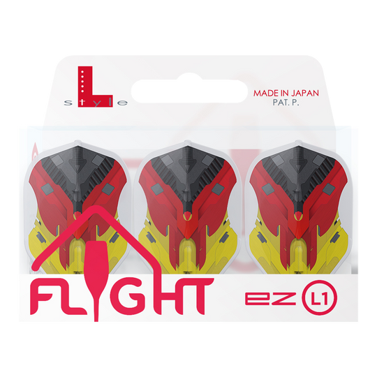 Das Bild zeigt drei Dartflights der Marke L-Style in einer Verpackung. Die Flights sind in den Farben Schwarz, Rot und Gelb gestaltet und tragen die Aufschrift "Flight EZ L1".