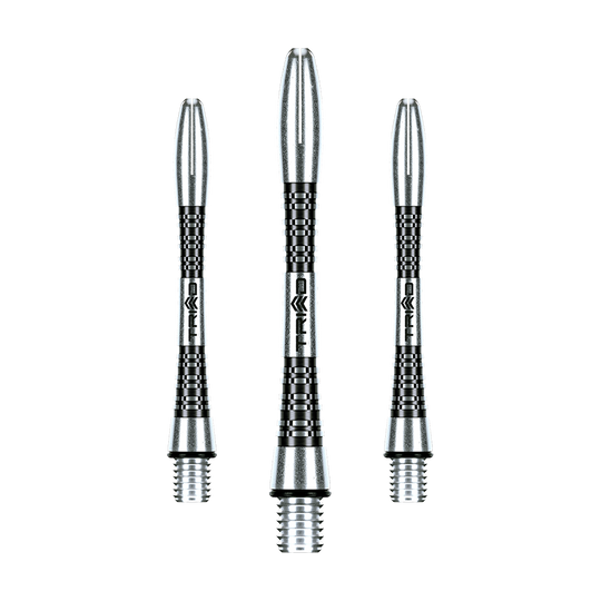 7013-401_Winmau_Triad_Aluminium_Shafts_Schwarz_41mm_1 Das Bild zeigt drei schwarze Winmau Triad Aluminium Shafts für Darts. Die Shafts haben ein elegantes, geriffeltes Design mit silbernen und schwarzen Akzenten.
