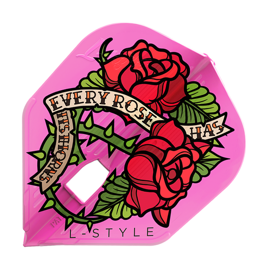 Das Bild zeigt einen pinken Dartflight mit zwei roten Rosen und grünen Blättern. Auf dem Flight steht der Schriftzug "Every rose has its thorns".