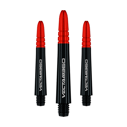 Násadky Winmau Vecta Blade 360 - černé Zu sehen ist ein Satz Winmau Vecta Blade360 Shafts in Schwarz mit 40 mm Länge. Die Shafts sind nebeneinander aufgestellt.