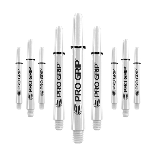 Target Pro Grip Shafts – 3 sady – White Das Bild zeigt mehrere weiße Dartschäfte mit der Aufschrift "PRO GRIP". Sie sind in drei Reihen angeordnet und haben schwarze Ringe an der Oberseite.