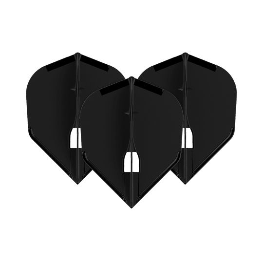 L-Style Flights Champagne - L3PRO Shape Auf dem Bild sind drei schwarze Dartflights zu sehen. Sie haben eine klassische, abgeflachte Form und stehen nebeneinander.
