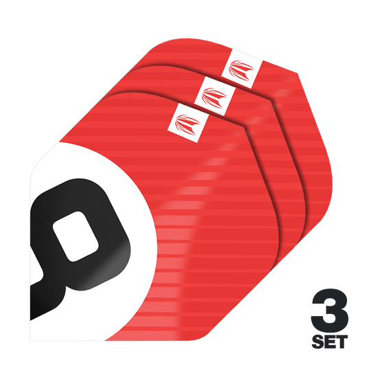 Target Pro Ultra Chicane Red No2 Standard Flights - 3 sady Das Bild zeigt drei Sätze der Target Pro Ultra Chicane Red No2 Standard Flights. Die Flights sind überwiegend rot mit einem weißen und schwarzen Design und werden als 3er-Set angeboten.