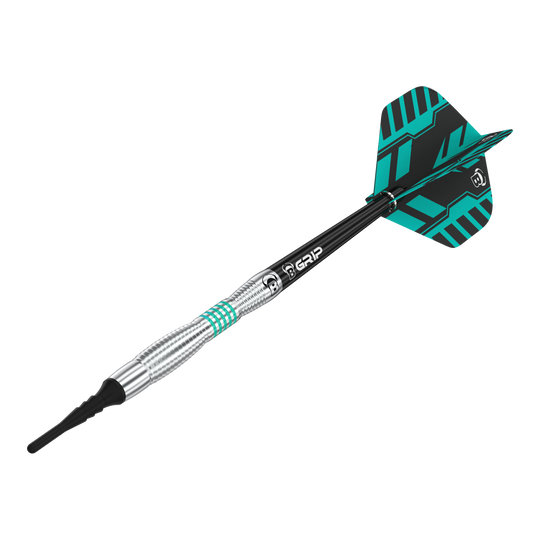 Das Bild zeigt einen Bulls Veco V3 Softdart. Der Dartpfeil hat ein silbernes Barrel mit grünen Akzenten und schwarze Flights mit türkisfarbenem Muster.