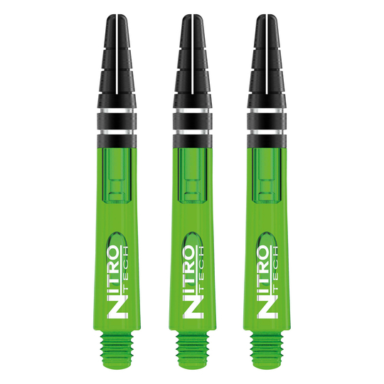 C445_Nitrotech_Short_Green_V Das Bild zeigt drei grüne RedDragon Nitrotech Shafts für Dartpfeile. Die Shafts haben ein modernes Design mit schwarzer Spitze und weißer Aufschrift.
