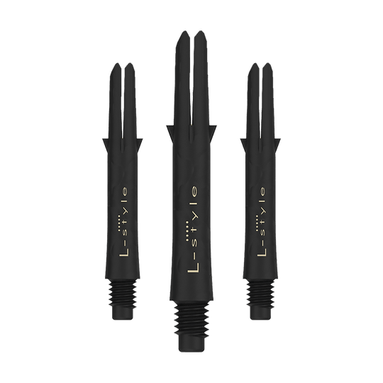 Karbonové šachty ve stylu L Das Bild zeigt drei schwarze L-Style Carbon Shafts für Darts ohne Kappen. Auf den Schäften steht in goldener Schrift das Wort "L-style".