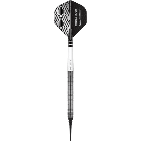 RD2505_Red_Dragon_Luke_Humphries_TX1_Softdarts_1KUeopzW1DNRUU Das Bild zeigt einen Softdart des Modells "Red Dragon Luke Humphries TX1" mit einem Gewicht von 20 Gramm. Der Dart hat ein silbernes Griffstück und ein schwarz-weiß gemustertes Flight.