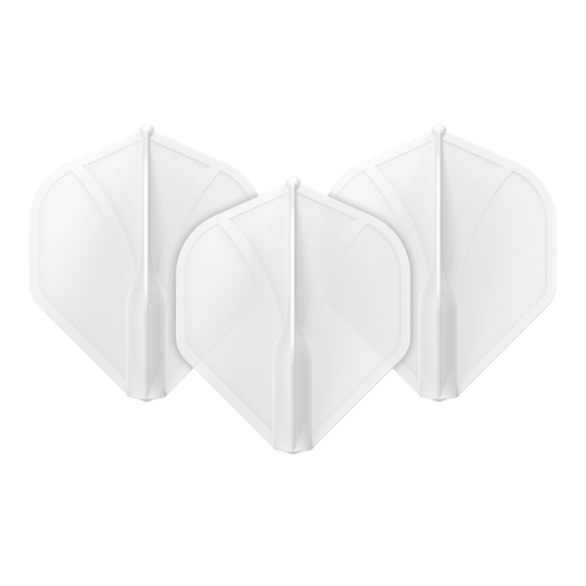 Standardní letky Shot Airfoil Molded No2 Auf dem Bild sind drei klare, weiße Dart-Flights zu sehen. Sie sind nebeneinander aufgestellt und haben eine klassische, rautenähnliche Form.