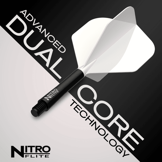 Das Foto zeigt Red Dragon Nitroflite Black Shaft White Flights No2. Es ist ein Dart-Schaft in Schwarz und weiße Flights abgebildet.