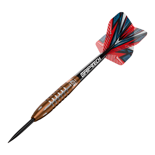 Šipky GOAT Quarterback V2 z wolframové oceli - 24g Das Bild zeigt einen Steeldart namens "GOAT Quarterback V2 Tungsten" mit einem Gewicht von 24 Gramm. Der Dart hat ein auffälliges Design mit roten, schwarzen und silbernen Akzenten sowie dem Schriftzug "GRIPTECH" auf dem Schaft.
