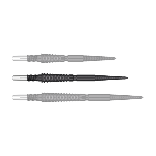 Špičky na šipky Target Swiss Storm LNC - černé Das Bild zeigt drei schwarze Dartspitzen in einer Reihe. Die Spitzen haben eine geriffelte Oberfläche und einen silbernen Ansatz.