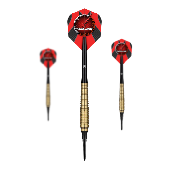 Měkké šipky Shot Redline Mach 1 - 20g Das Bild zeigt drei Softdarts des Produkts „Shot Redline Mach 1“ mit einem Gewicht von 20g. Die Darts haben rote Flights mit schwarzem Muster und goldenen Griffen.