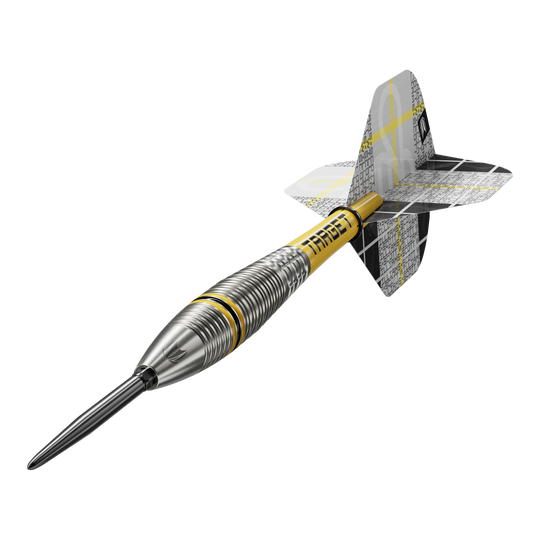 Auf dem Bild ist ein Target Scott Williams GEN2 Swiss Point Steeldart zu sehen. Der Dartpfeil hat ein silbernes, geriffeltes Barrel und gelbe Akzente sowie moderne Flights.