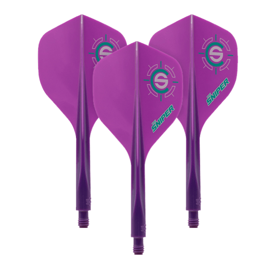Systém letu pušky Condor Ax 120 Connor Scutt Sniper Purple - standardní Das Bild zeigt drei lila Dartflights mit dem Aufdruck "Sniper" und einem Zielsymbol. Es handelt sich um das Produkt "Condor Axe 120 Connor Scutt Sniper Purple Flight-System - Standard".