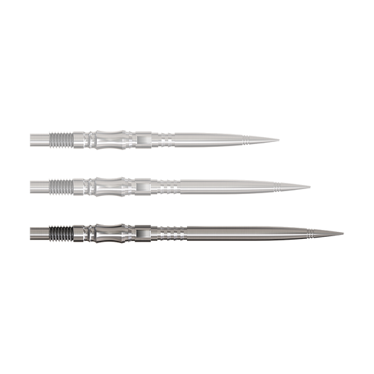 Harrows Quick Point Axis Elite Series Dartspitzen - Silber Axis Silver Elite Series Dartspitzen in 40mm sind zu sehen. Sie haben ein silberfarbenes Finish.