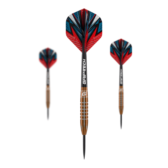 Šipky GOAT Quarterback V2 z wolframové oceli - 24g Das Bild zeigt drei GOAT Quarterback V2 Tungsten Steeldarts mit einem Gewicht von 24g. Die Darts haben ein auffälliges, rot-blaues Design und sind mit GRIP-TECH-Schäften ausgestattet.