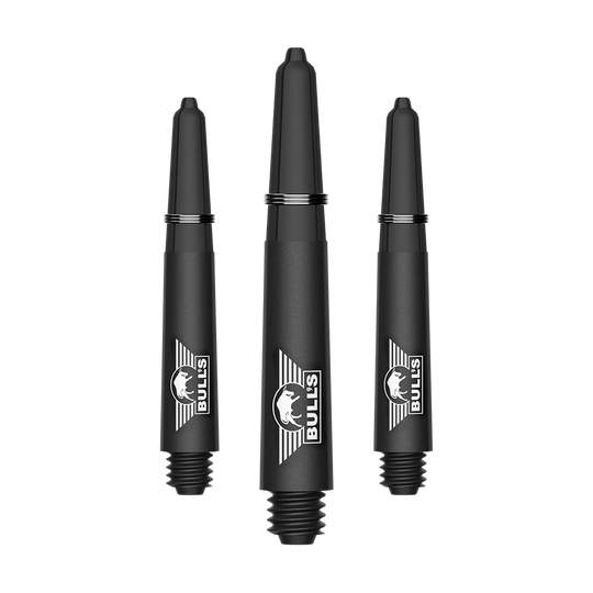 Karbonové šachty Bulls NL Capo - černé Ein Bild mit dem Dateinamen BU55340_BullsNL_Capo_Carbon_Shafts_Schwarz_Short_34mm_1Set. Es handelt sich vermutlich um ein Set aus kurzen schwarzen Carbon-Shafts für Darts.