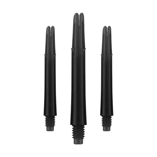 L-L-Style-Shafts Uzamčené rovné - Černé Auf dem Bild sind drei schwarze, gerade Dartshafts ohne Kappen zu sehen. Sie haben ein Gewinde am unteren Ende und sind jeweils 39 mm lang.