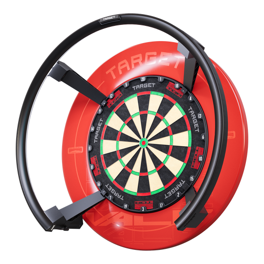 Systém automatického bodování Target OMNI Das Bild zeigt das Produkt "Target OMNI Auto-Scoring-System", ein modernes Dartboard mit automatischer Punkteerfassung. Das Dartboard ist von einem markanten roten Gehäuse und einem schwarzen Ring umgeben.