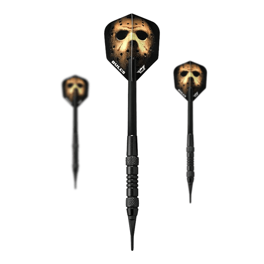 Hier sieht man das Set Bulls NL Thriller Black Brass Softdarts - 18g. Das Set umfasst mehrere Softdarts in schwarzer Optik.