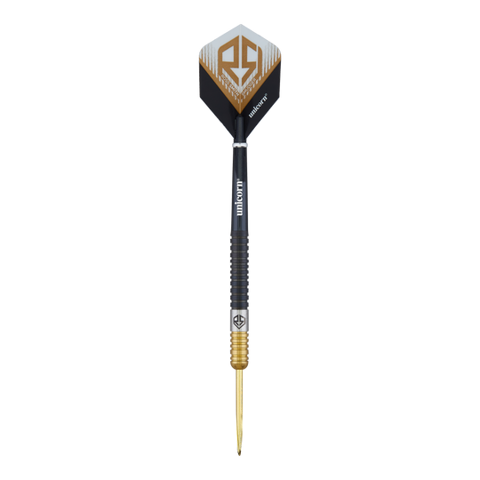 Šipky Unicorn Ross Smith dvoubarevné ocelové Das Bild zeigt einen Steeldart namens "Unicorn Ross Smith Two-Tone". Der Dartpfeil hat ein schwarz-goldenes Design und das Unicorn-Logo auf den Flights.