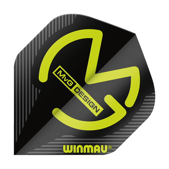 Das Bild zeigt ein Winmau Mega MvG Black Standard Flight in schwarzer Farbe mit gelbem Design. Auf dem Flight stehen die Worte "MvG Design" und "Winmau".