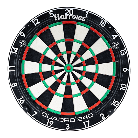 Ocelový terč Harrows Quadro 240 Das Bild zeigt ein Harrows Quadro 240 Steeldartboard. Die Dartscheibe hat farbige Segmente in Schwarz, Weiß, Rot und Grün.