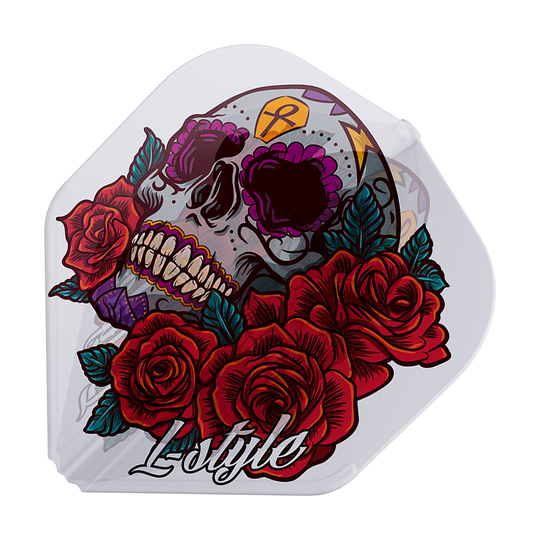 Das Bild zeigt einen Dart-Flight mit einem bunten Totenkopf und roten Rosen darauf. Unten steht das Wort "L-style" in weißer Schrift.