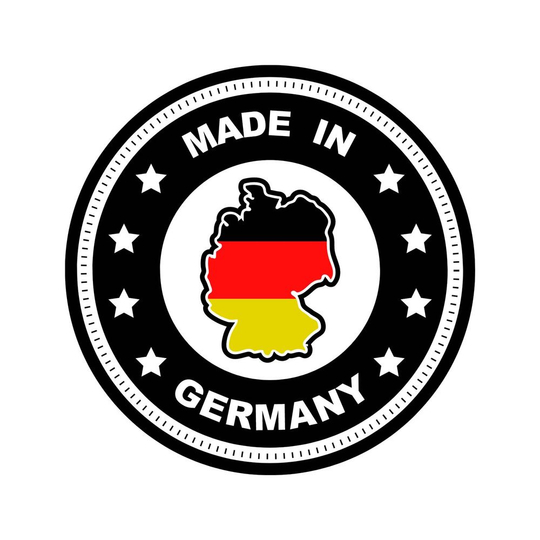 Das Bild zeigt ein Siegel mit dem Text „Made in Germany“. In der Mitte befindet sich die Umrisskarte von Deutschland in den Farben der deutschen Flagge.
