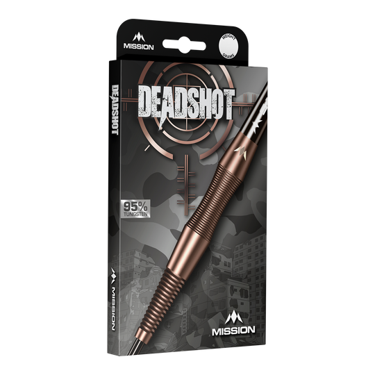 Mission Deadshot Bronze Steeldarts - 23g ist hier abgebildet. Die Darts haben ein elegantes bronzefarbenes Design.