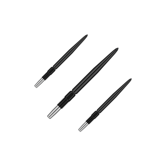 Zaměřte špičky šipek Swiss Point Black Das Bild zeigt drei schwarze Dartspitzen mit silbernem Gewinde. Sie sind in unterschiedlicher Ausrichtung auf einem einfarbigen Hintergrund angeordnet.