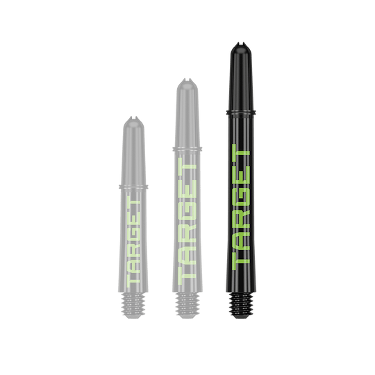 Target Pro Grip TAG Shafts - 3 sady - černo-zelené Ein Dart-Schaft mit auffällig langem Profil ist zu sehen. Die Farbgebung und Oberfläche sind gut erkennbar.